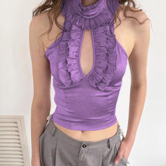 Sexy sleevess ruffle design halter neck women cropped tops