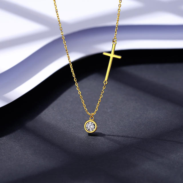925 sterling silver side cross bezel necklace diamond necklace