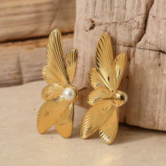 Summer pearl bead elgant butterfly stainless steel earrings