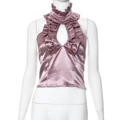 Sexy sleevess ruffle design halter neck women cropped tops