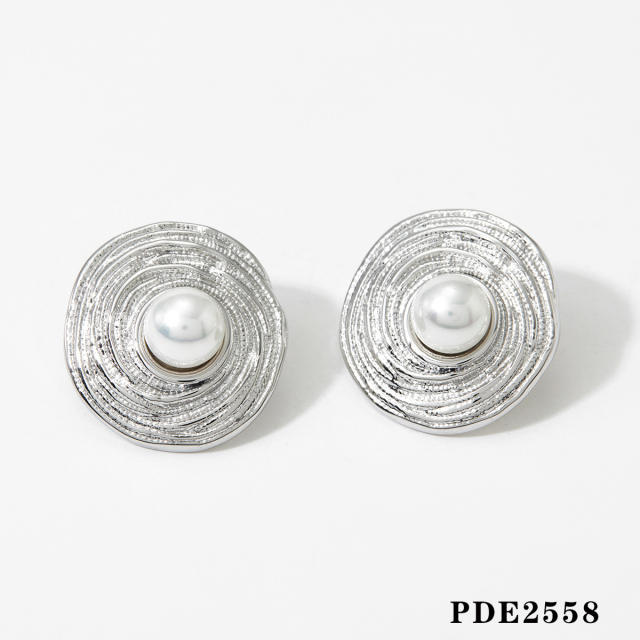 Vintage round shape pearl bead stainless steel chunky earrings