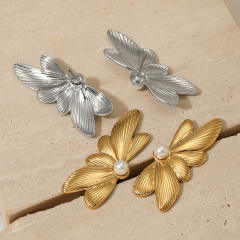 Summer pearl bead elgant butterfly stainless steel earrings