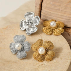 Summer pearl bead flower petal stainless steel studs earrings