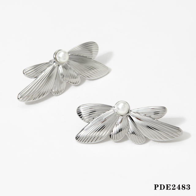 Summer pearl bead elgant butterfly stainless steel earrings