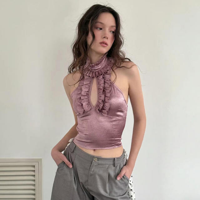 Sexy sleevess ruffle design halter neck women cropped tops