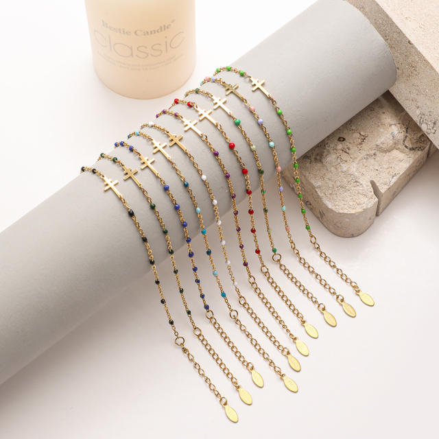 Vintage color enamel seed bead stainless steel cross bracelet