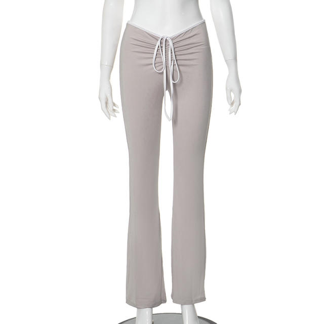 Sexy plain color bow strap cropped tops pants set