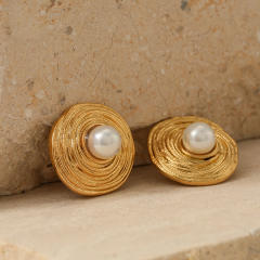 Vintage round shape pearl bead stainless steel chunky earrings