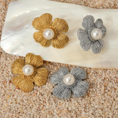 Summer pearl bead flower petal stainless steel studs earrings