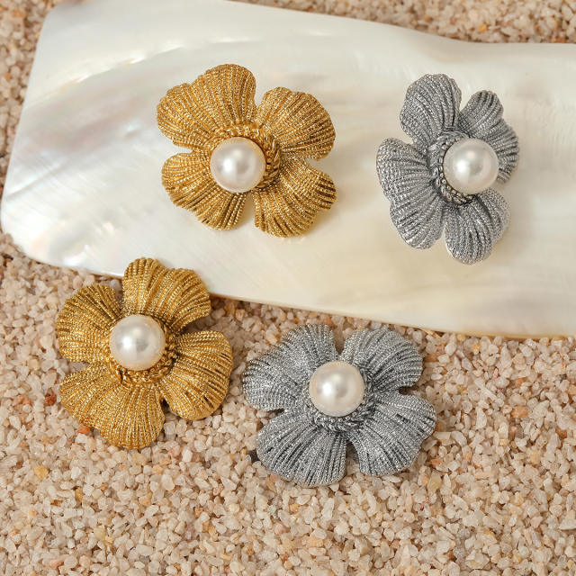 Summer pearl bead flower petal stainless steel studs earrings