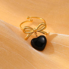 Colorful enamel heart cute bow stainless steel finger rings