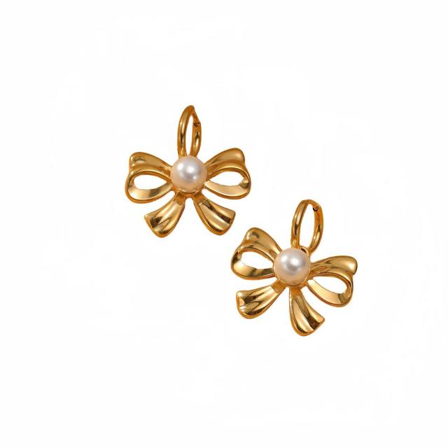 Elegant pearl beaded sweet bow stainless steel earrings