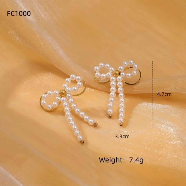 Elegant pearl beaded sweet bow stainless steel earrings