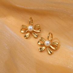 Elegant pearl beaded sweet bow stainless steel earrings