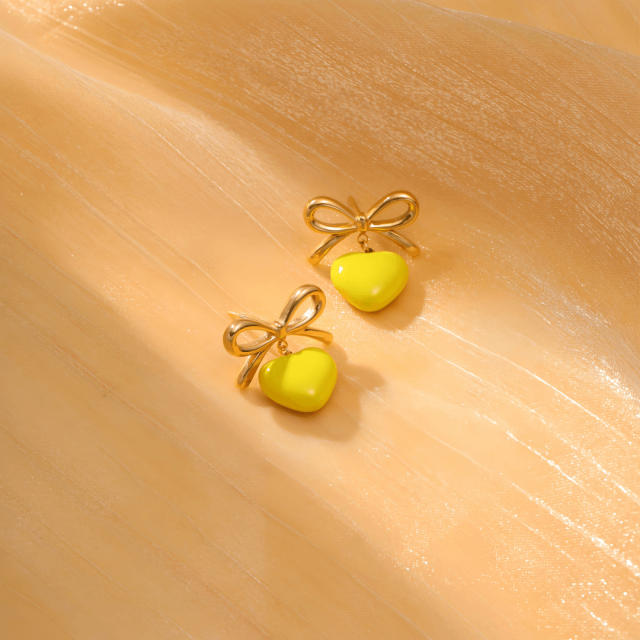 Summer colorful enamel heart bow stainless steel earrings