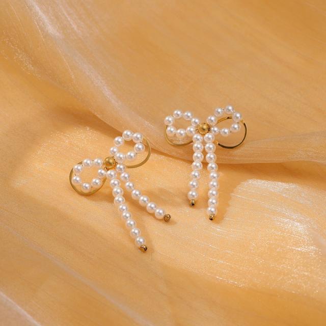 Elegant pearl beaded sweet bow stainless steel earrings