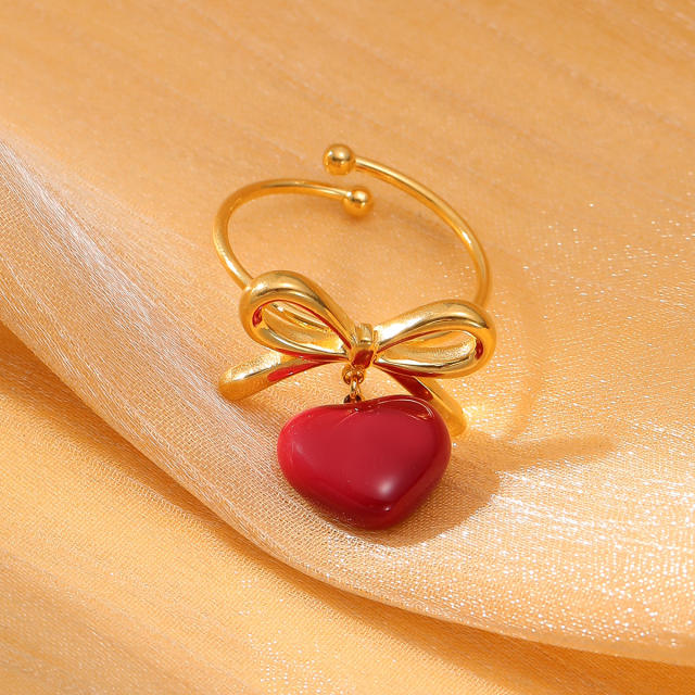 Colorful enamel heart cute bow stainless steel finger rings