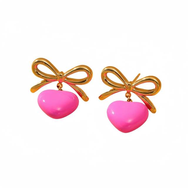 Summer colorful enamel heart bow stainless steel earrings