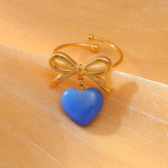 Colorful enamel heart cute bow stainless steel finger rings