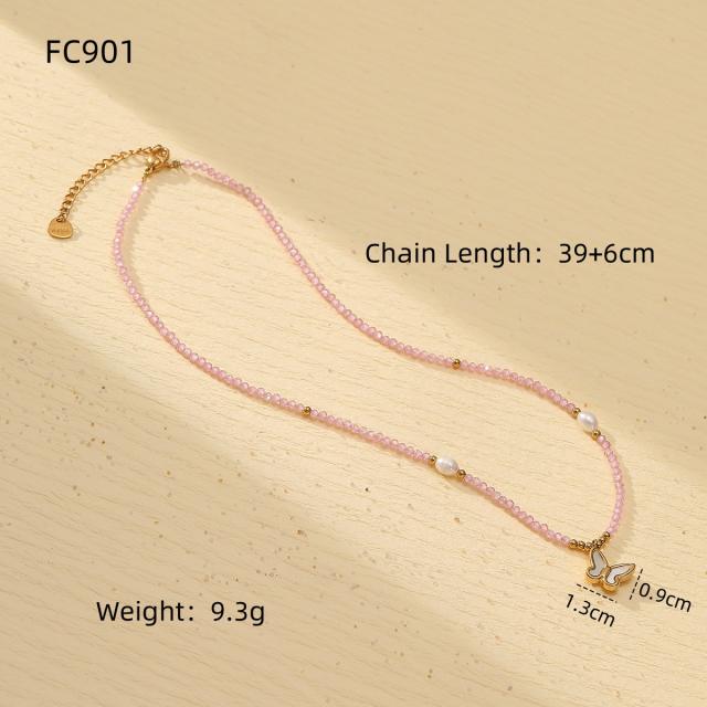 Natural handmade colorful crystal pearl beaded stainless steel pendant choker necklace