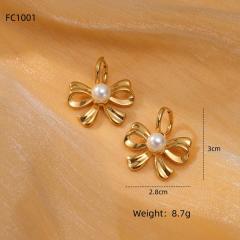 Elegant pearl beaded sweet bow stainless steel earrings