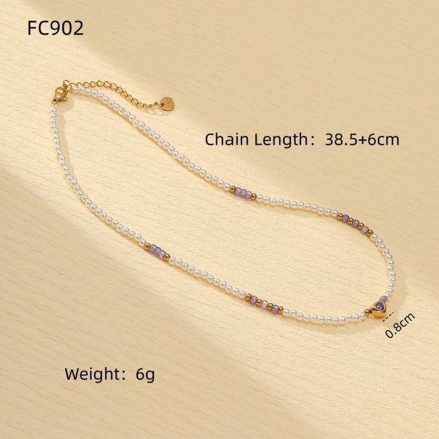 Natural handmade colorful crystal pearl beaded stainless steel pendant choker necklace