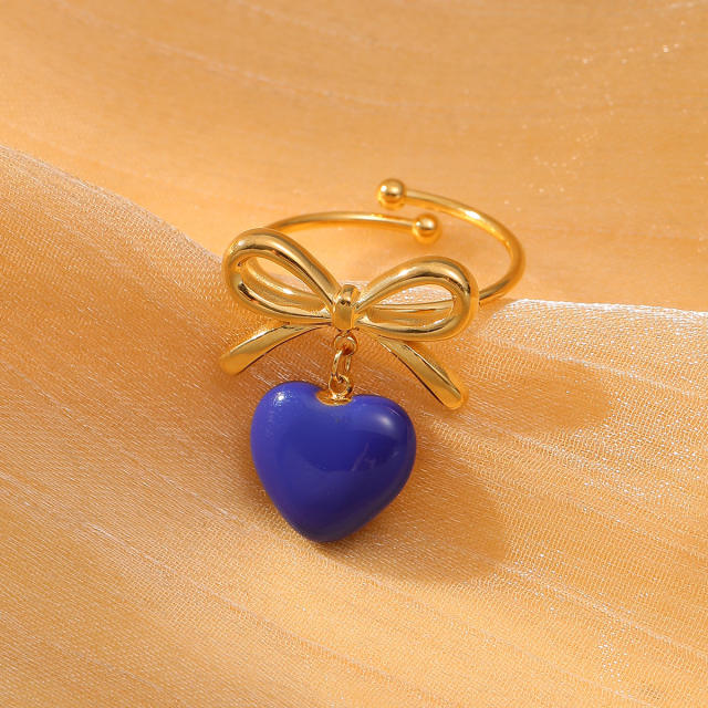 Colorful enamel heart cute bow stainless steel finger rings