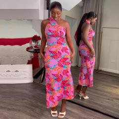 Summer sexy rose red color floral halter neck bodycon dress