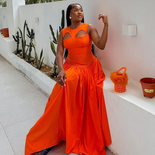 Springs ummer bright orange color maxi dress