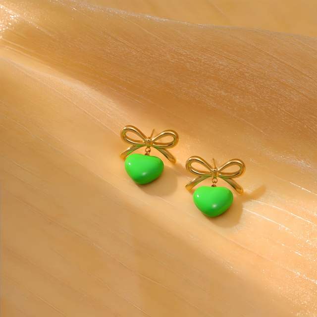 Summer colorful enamel heart bow stainless steel earrings