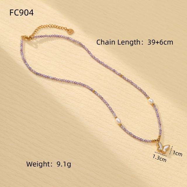 Natural handmade colorful crystal pearl beaded stainless steel pendant choker necklace