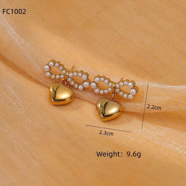 Elegant pearl beaded sweet bow stainless steel earrings