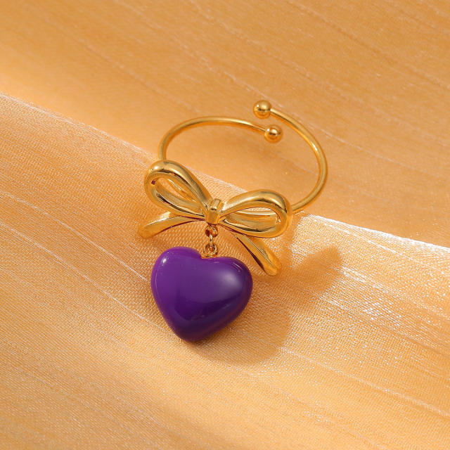 Colorful enamel heart cute bow stainless steel finger rings