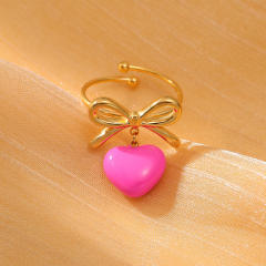 Colorful enamel heart cute bow stainless steel finger rings