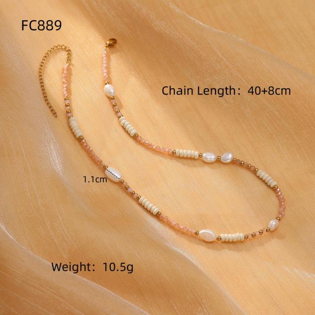 Handmade natural crystal pearl stainless steel beaded necklace