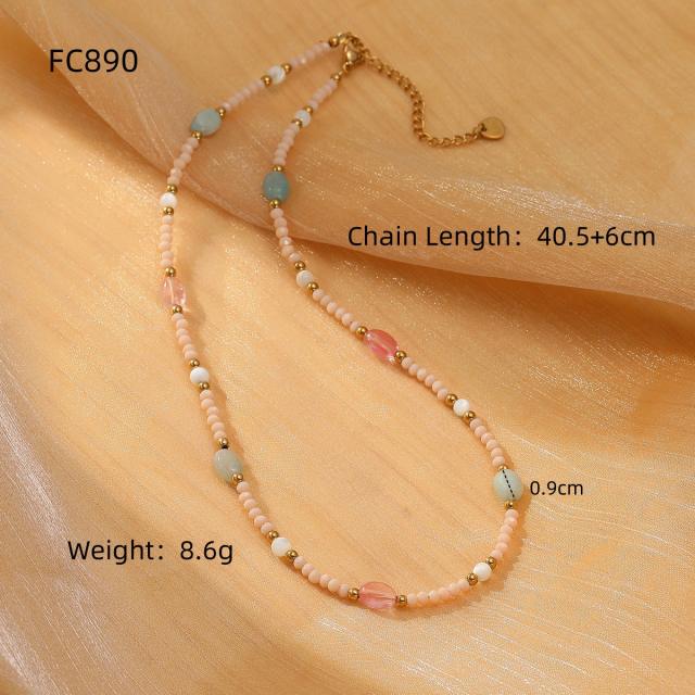 Handmade natural crystal pearl stainless steel beaded necklace