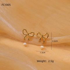 Elegant pearl beaded sweet bow stainless steel earrings