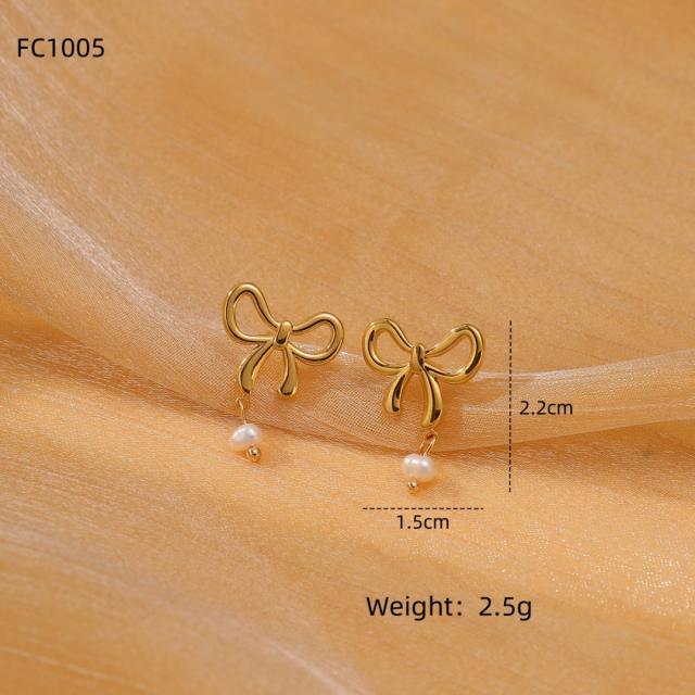 Elegant pearl beaded sweet bow stainless steel earrings