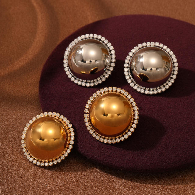 Elegant diamond button shape stainless steel studs earrings