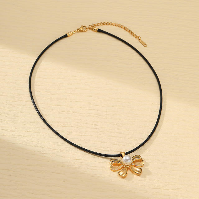 Korean fashion popular bow pendant dainty stainless steel necklace