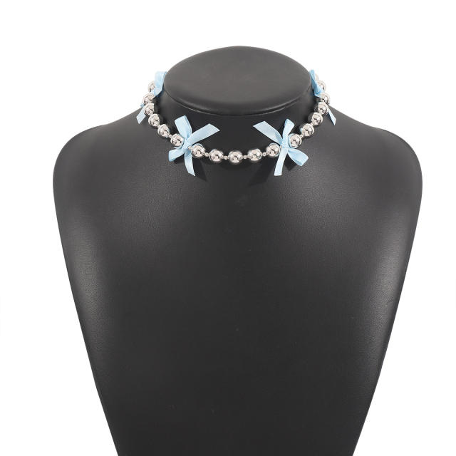 Y2K colorful ribbon bow ball beaded choker necklace