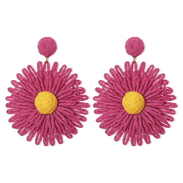 Summer straw flower dangle beach earrings