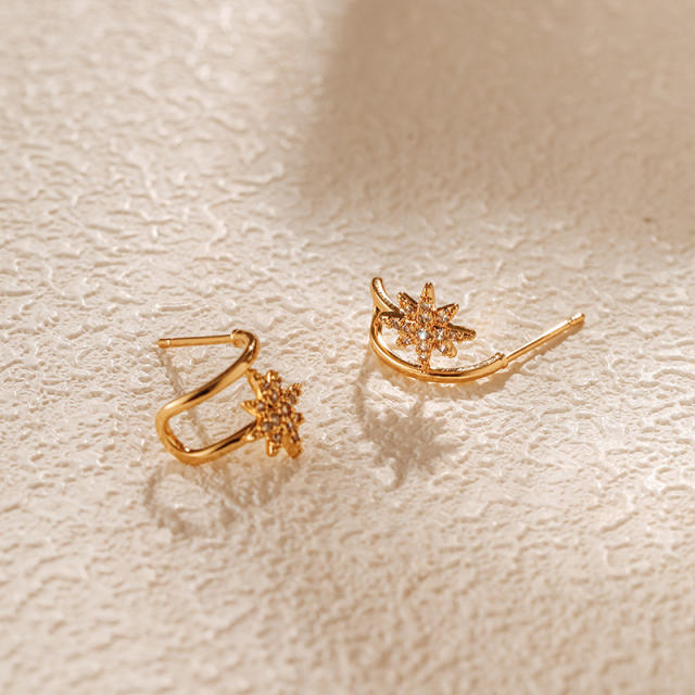 18KG real gold plated copper diamond snowflake studs earrings