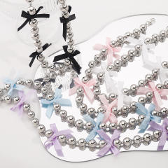 Y2K colorful ribbon bow ball beaded choker necklace