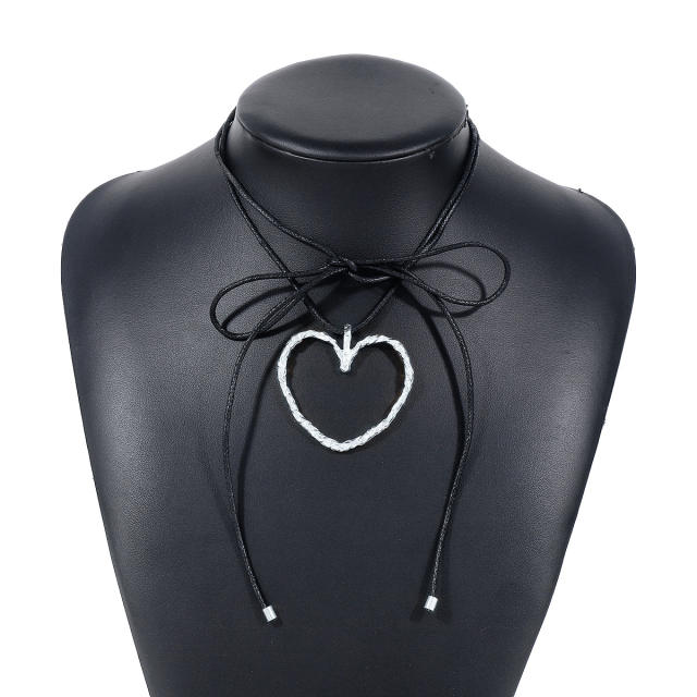 Hollow heart black wax rope strappy choker necklace