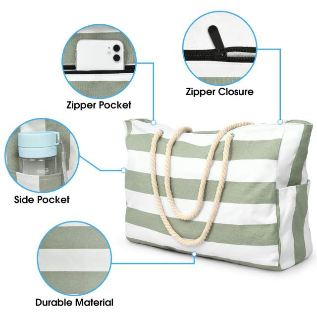 Large size striped pattern canvas women tote bag beach tote bag