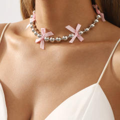 Y2K colorful ribbon bow ball beaded choker necklace