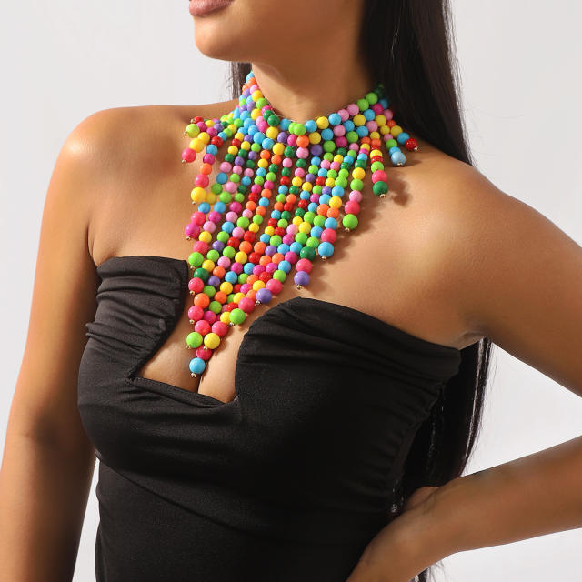 Boho chunky colorful ball bead long necklace body necklace