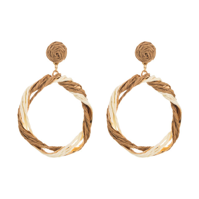 Boho summer straw circle dangle earrings