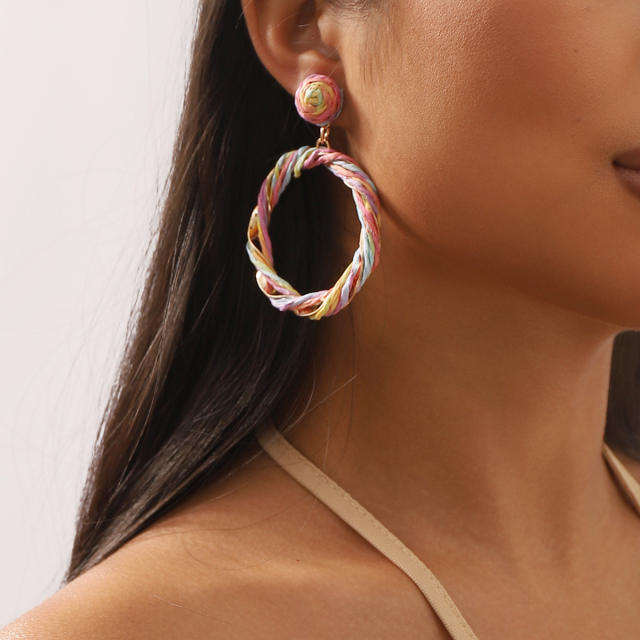 Boho summer straw circle dangle earrings